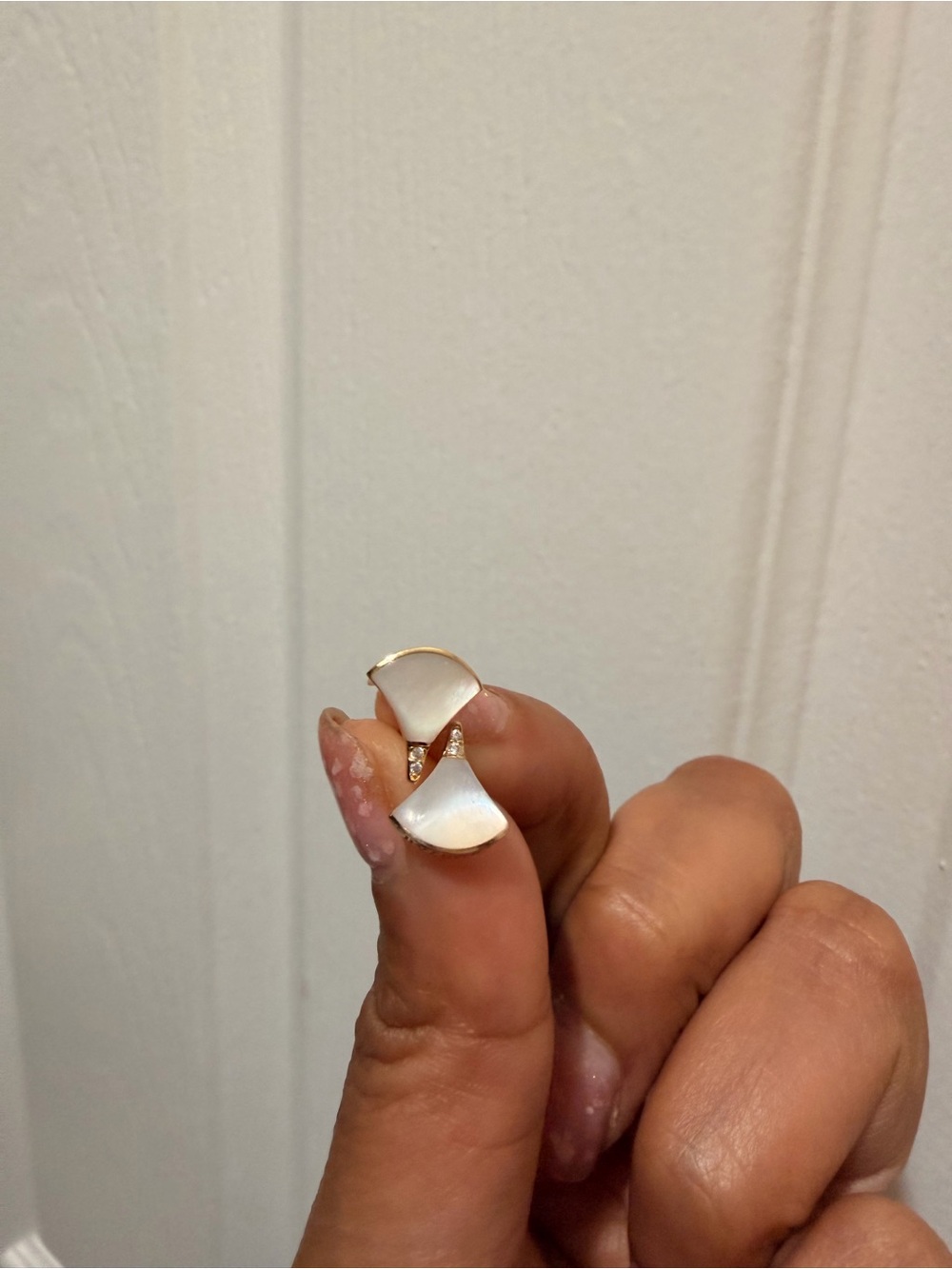 18K Solid Yellow Gold with Mother of Pearl Fan Earrings with CZ- Missing backs
